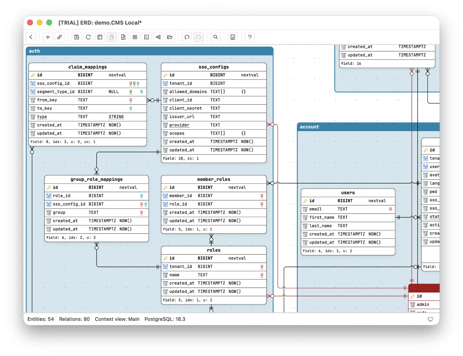 A Schemity diagram of a CMS schema whose status bar reads Entities: 54, Relations: 80 - already 134 objects by Lucidchart's counting, more than double its entire free-tier budget, reported as a status line instead of a warning