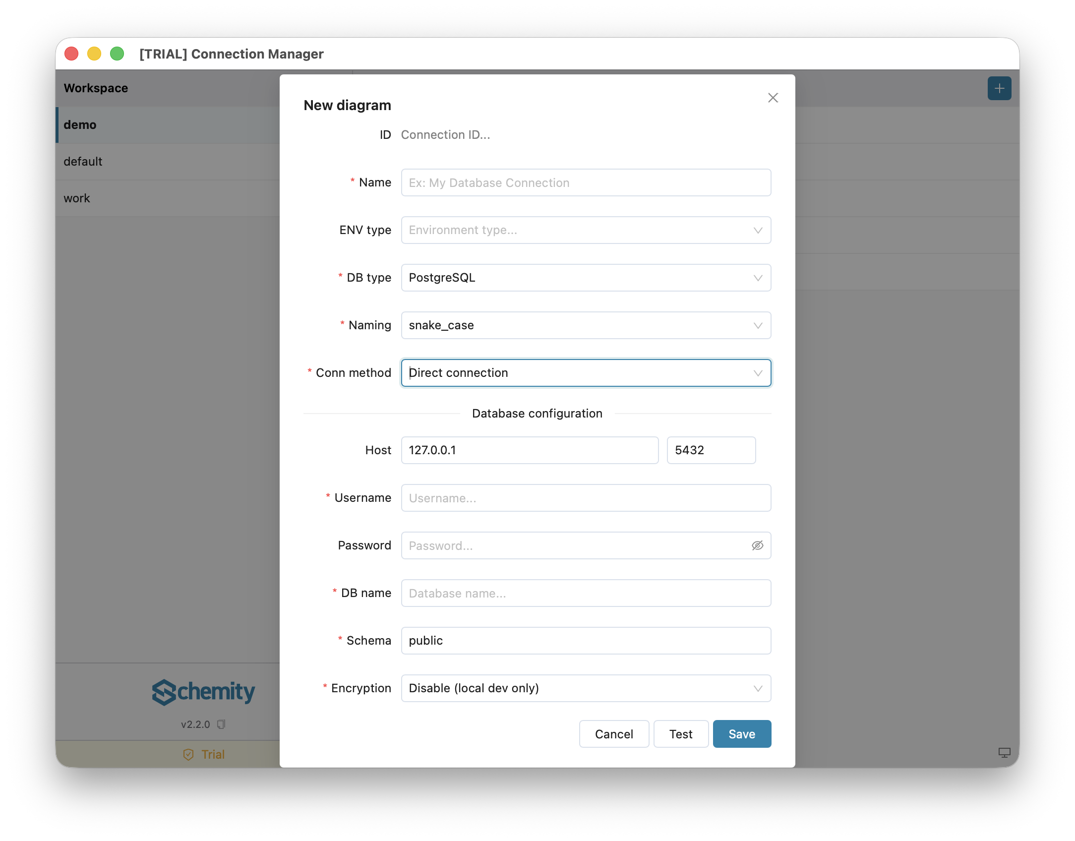 Connection form with Conn method set to Direct connection, showing host, port, and credential fields