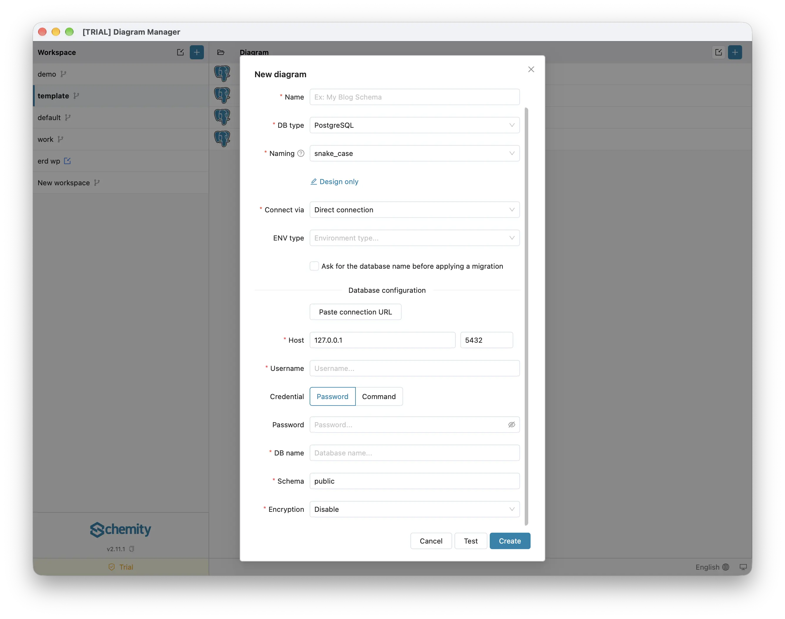 The New diagram form with Connect via set to Direct connection, showing the database configuration fields and a Test button