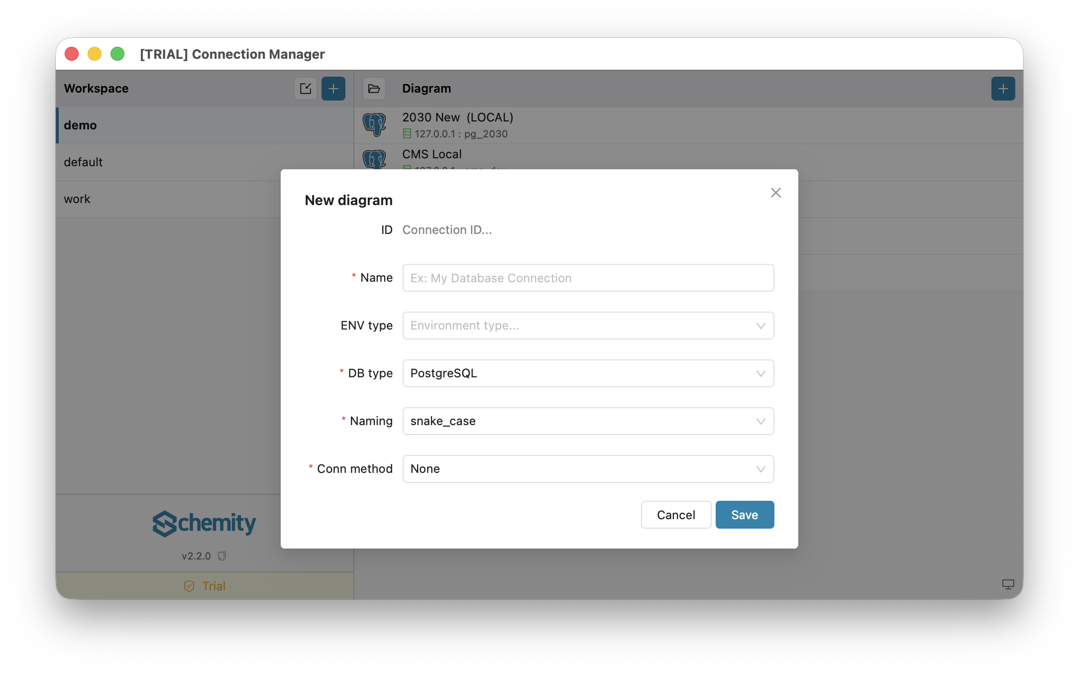 Connection form with Conn method set to None - offline design only, no database fields