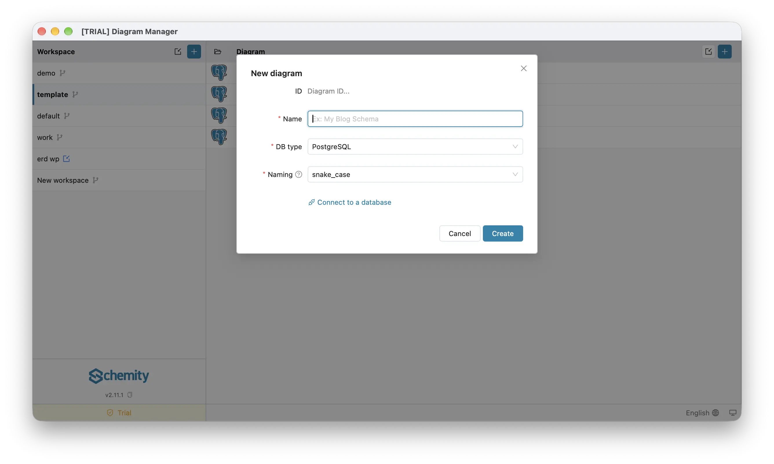 The New diagram form in its design-only state: ID, Name, DB type, Naming, and a Connect to a database link