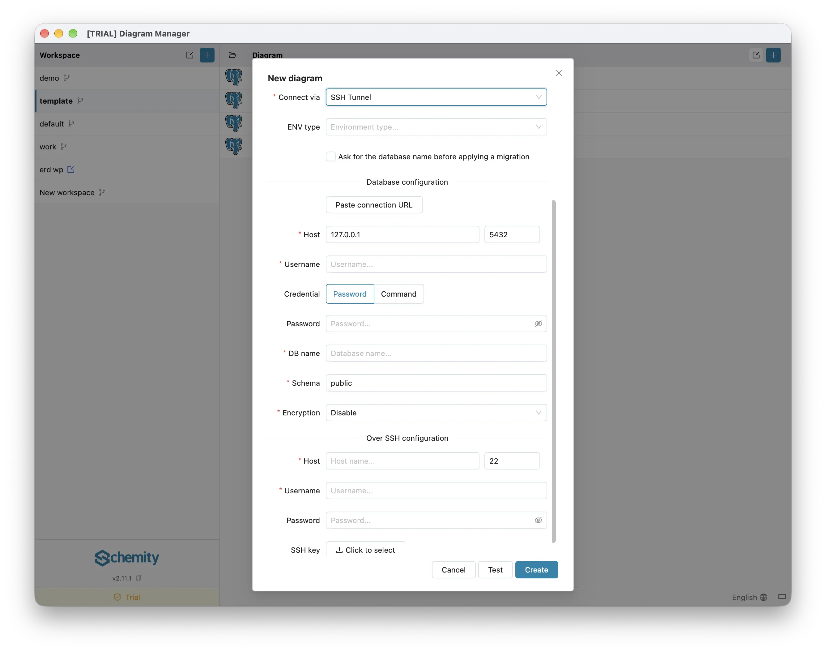 The New diagram form with Connect via set to SSH Tunnel, adding the Over SSH configuration fields for the jump server