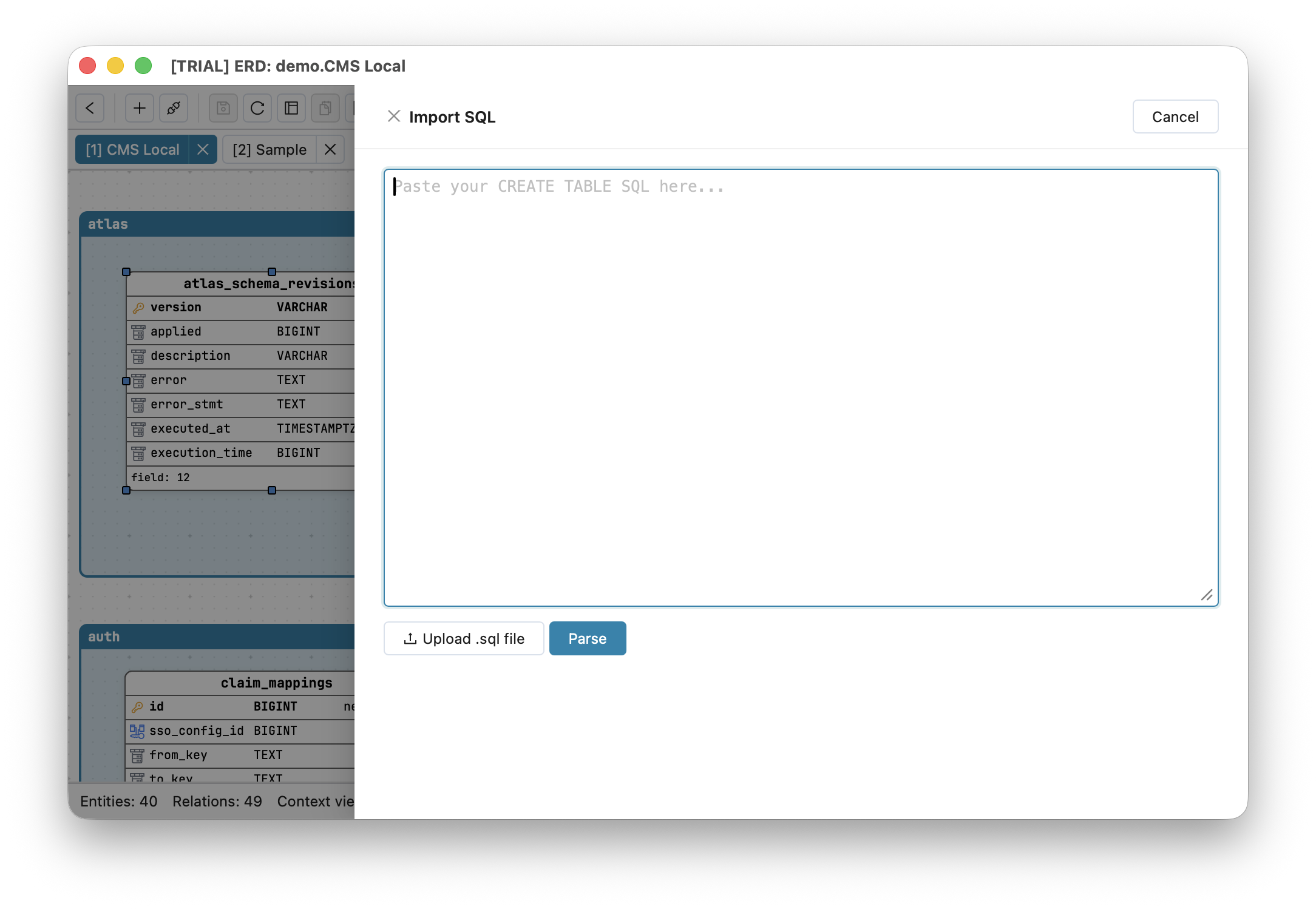 The Import SQL dialog with pasted CREATE TABLE statements and a dialect selector
