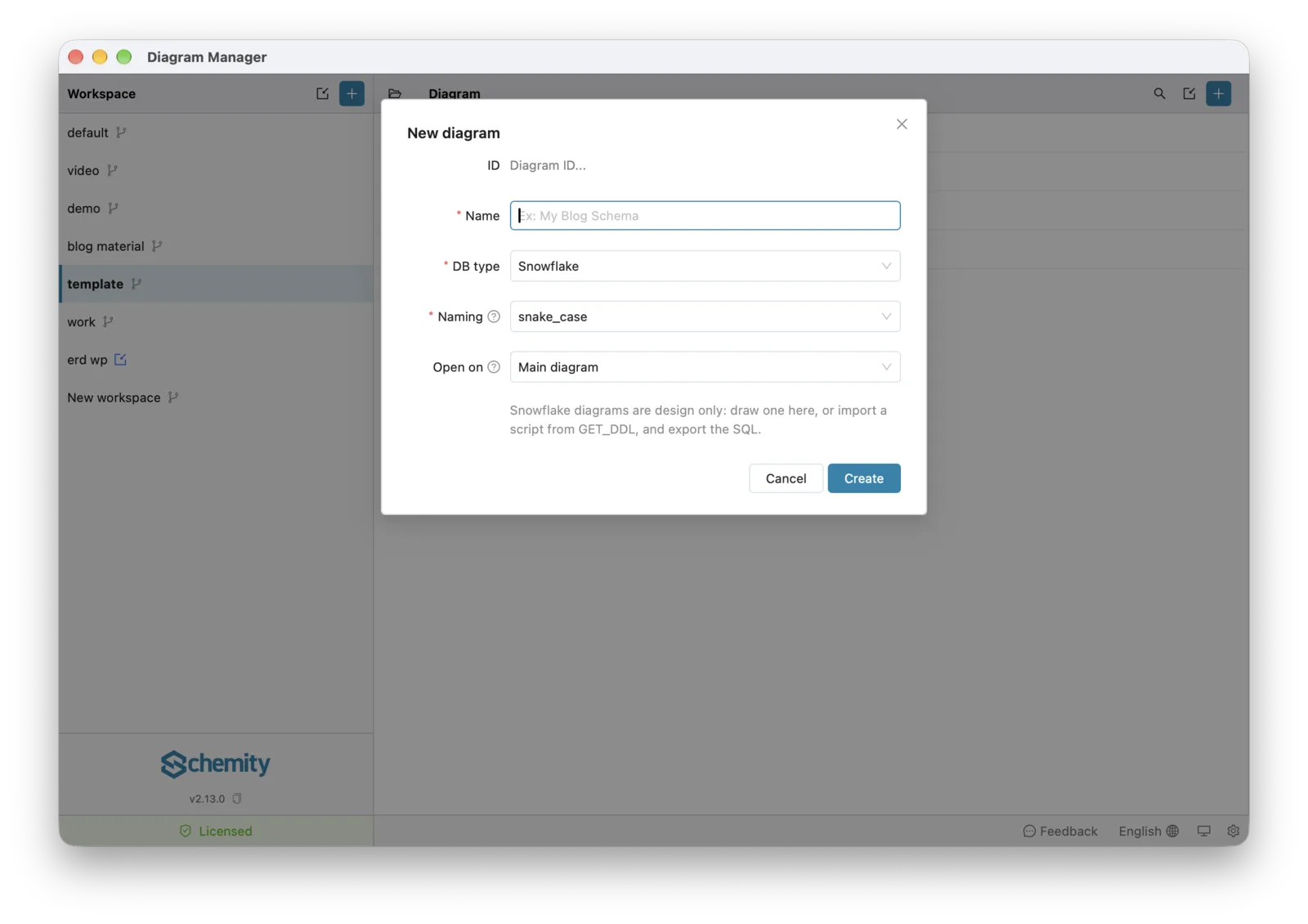 The New diagram form with DB type set to Snowflake, the Name, Naming and Open on fields, and the note that Snowflake diagrams are design only, above the Cancel and Create buttons